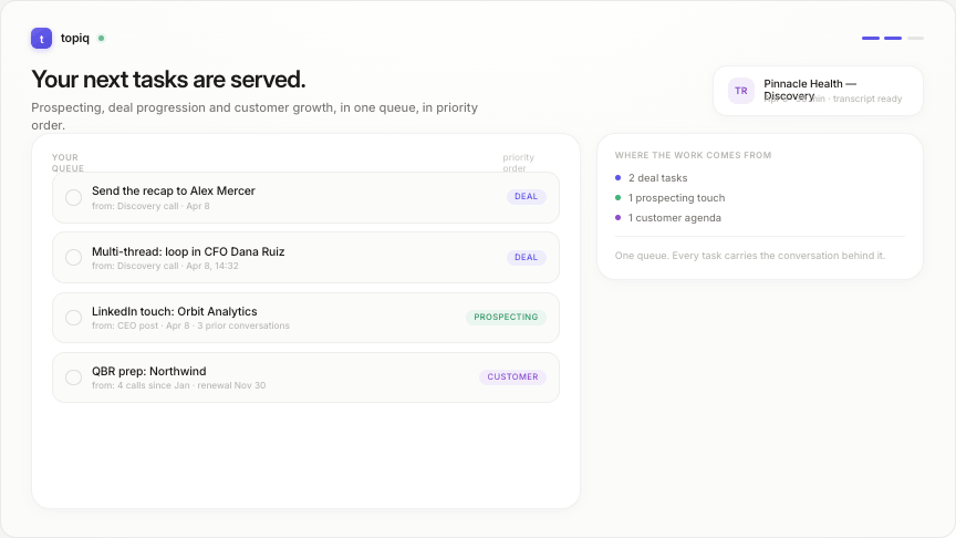 Four served tasks in one queue: two deal tasks, a prospecting touch, a customer agenda